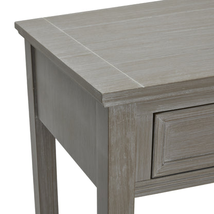 Gray wooden side table with a drawer on a white background
