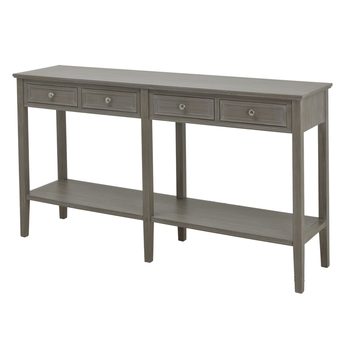 Gray console table with three drawers and an open shelf on a white background