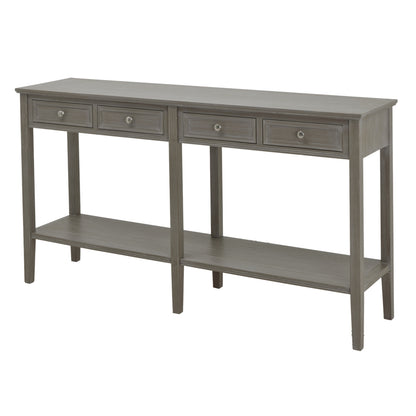 Gray console table with three drawers and an open shelf on a white background