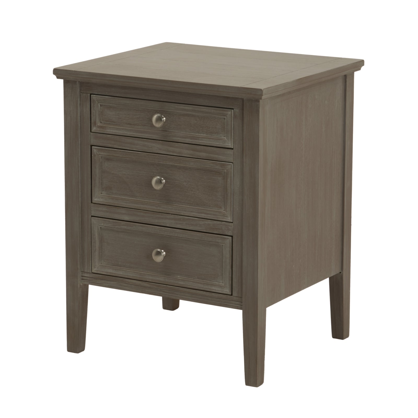 Wooden nightstand with three drawers on a white background