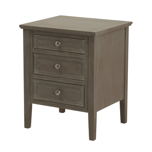 Wooden nightstand with three drawers on a white background