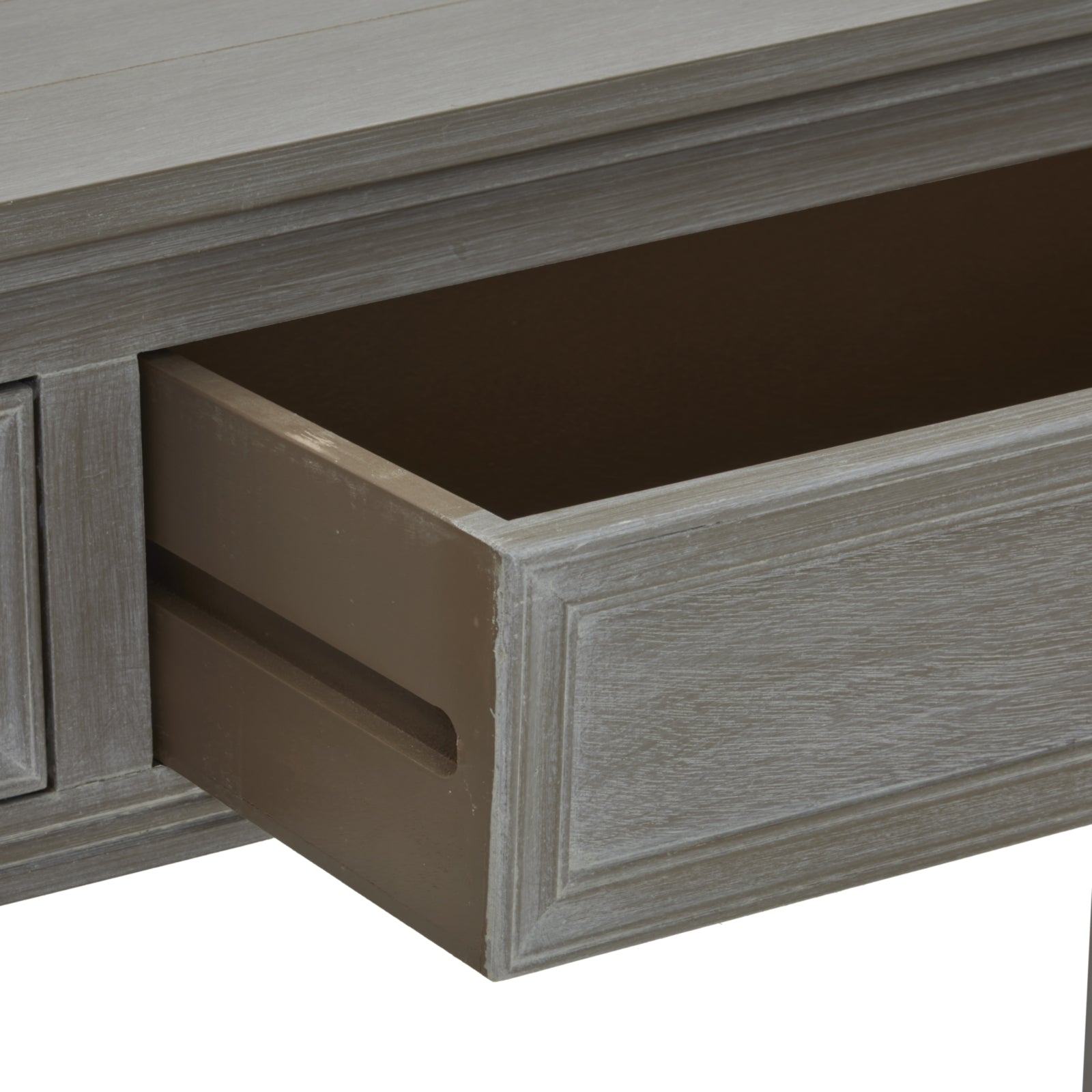 Close-up of a wooden drawer with a matching cabinet on a white background