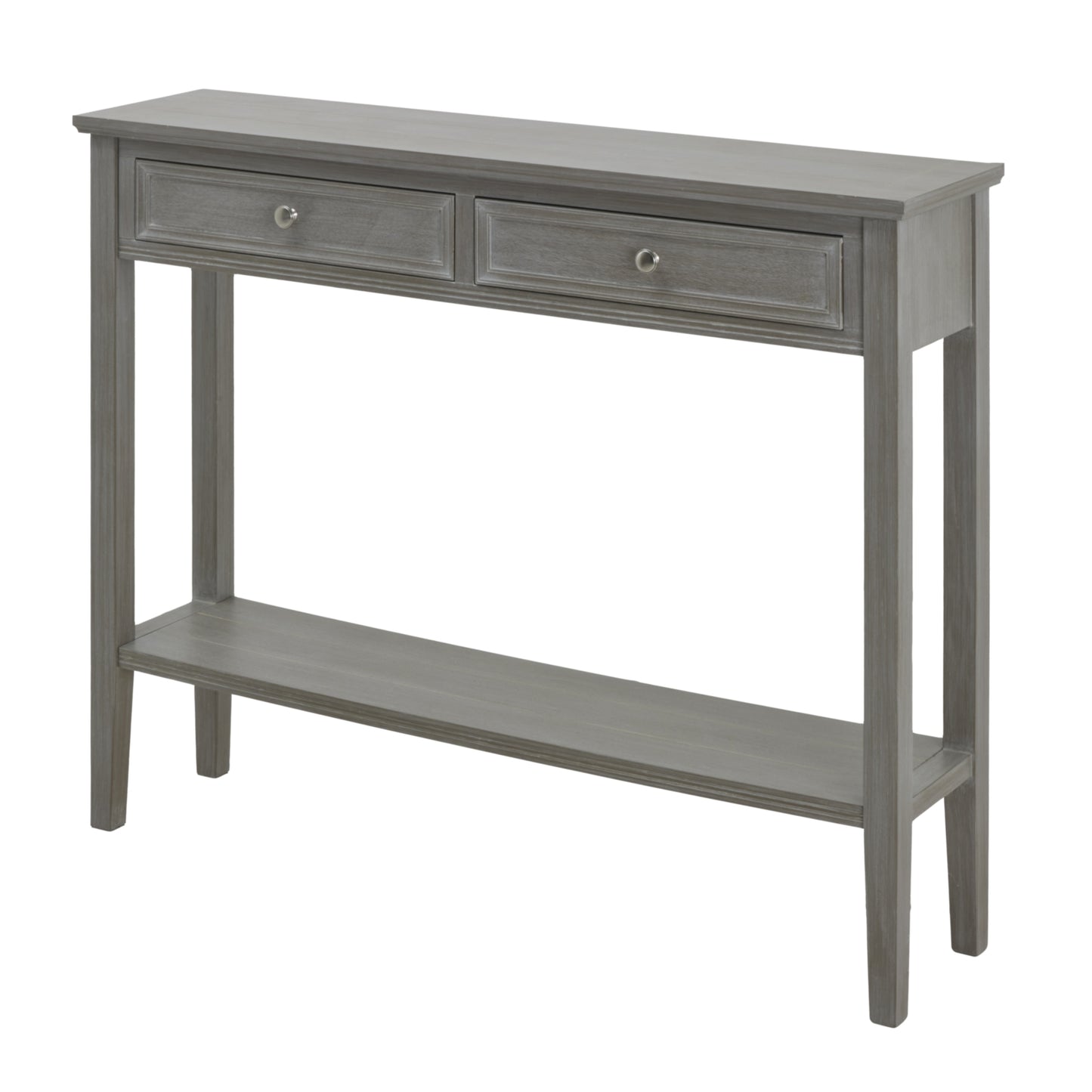 Gray console table with two drawers and an open shelf on a white background
