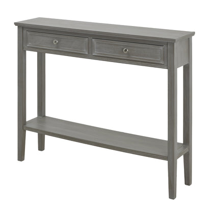 Gray console table with two drawers and an open shelf on a white background