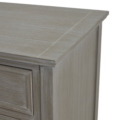 Close-up of a wooden cabinet with a tiled countertop on a white background