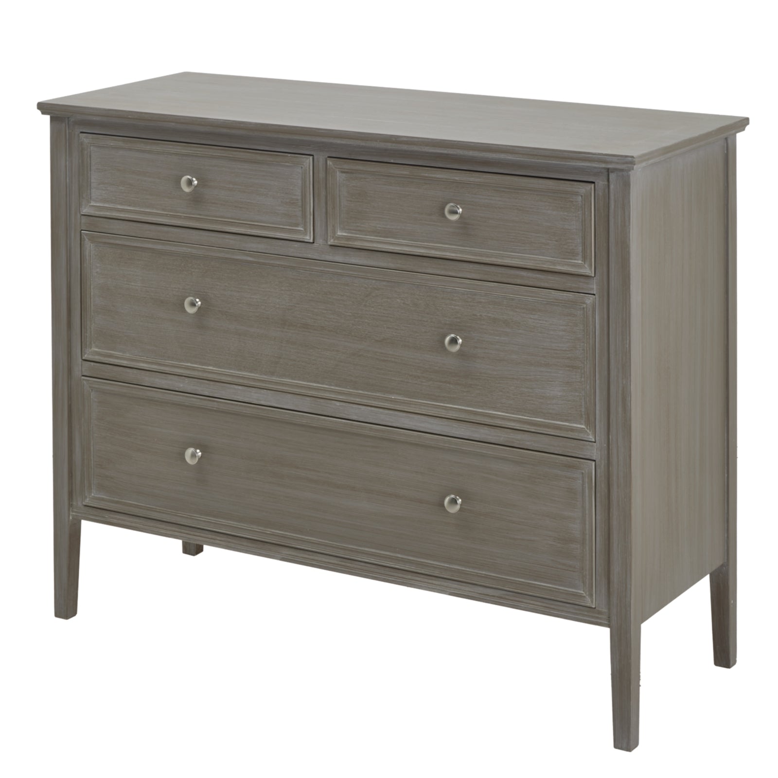 Gray dresser with four drawers on a white background