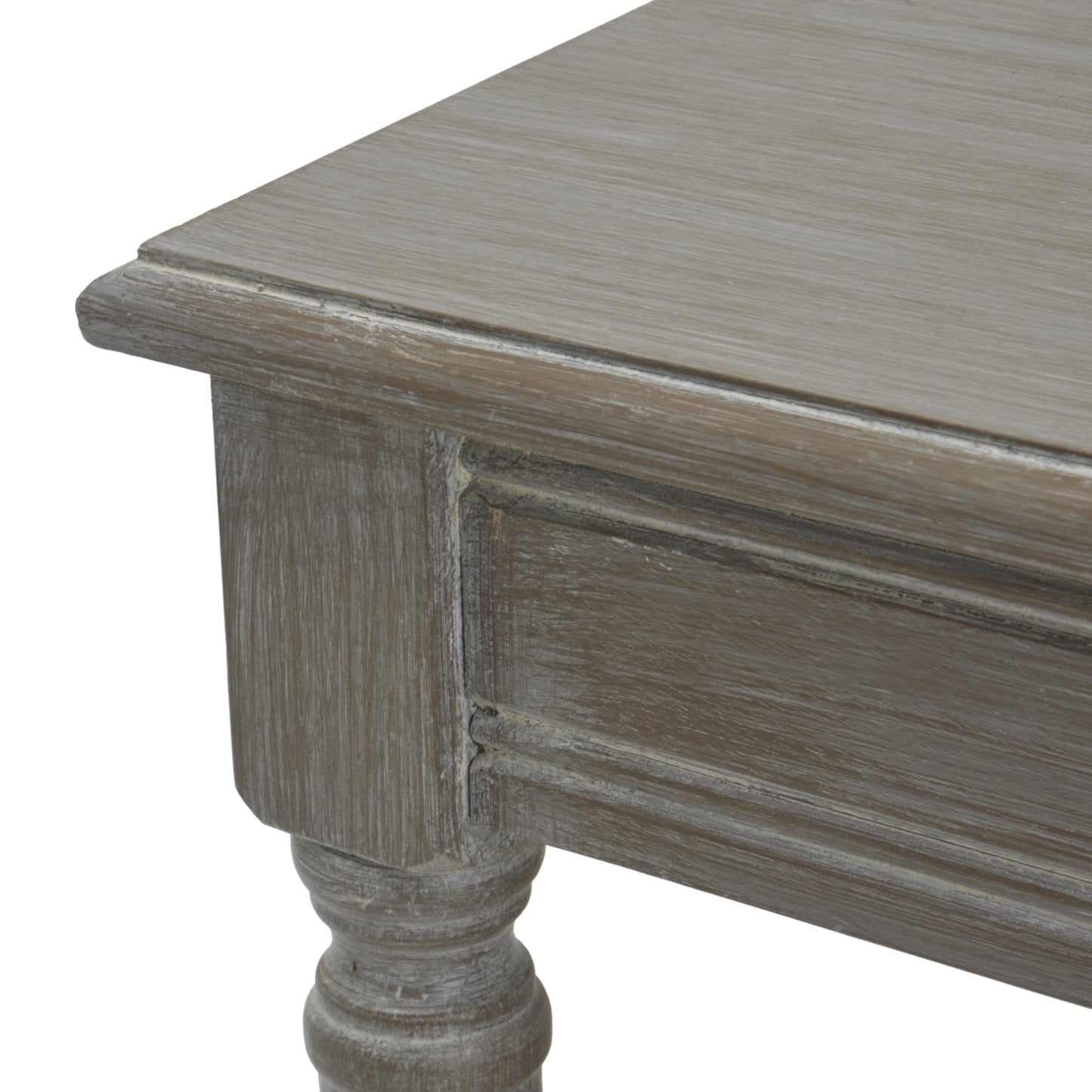 Close-up of a wooden table corner with a white background