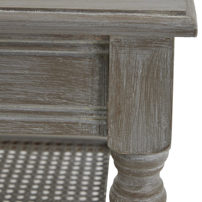 Wooden side table with a textured surface and turned leg design.