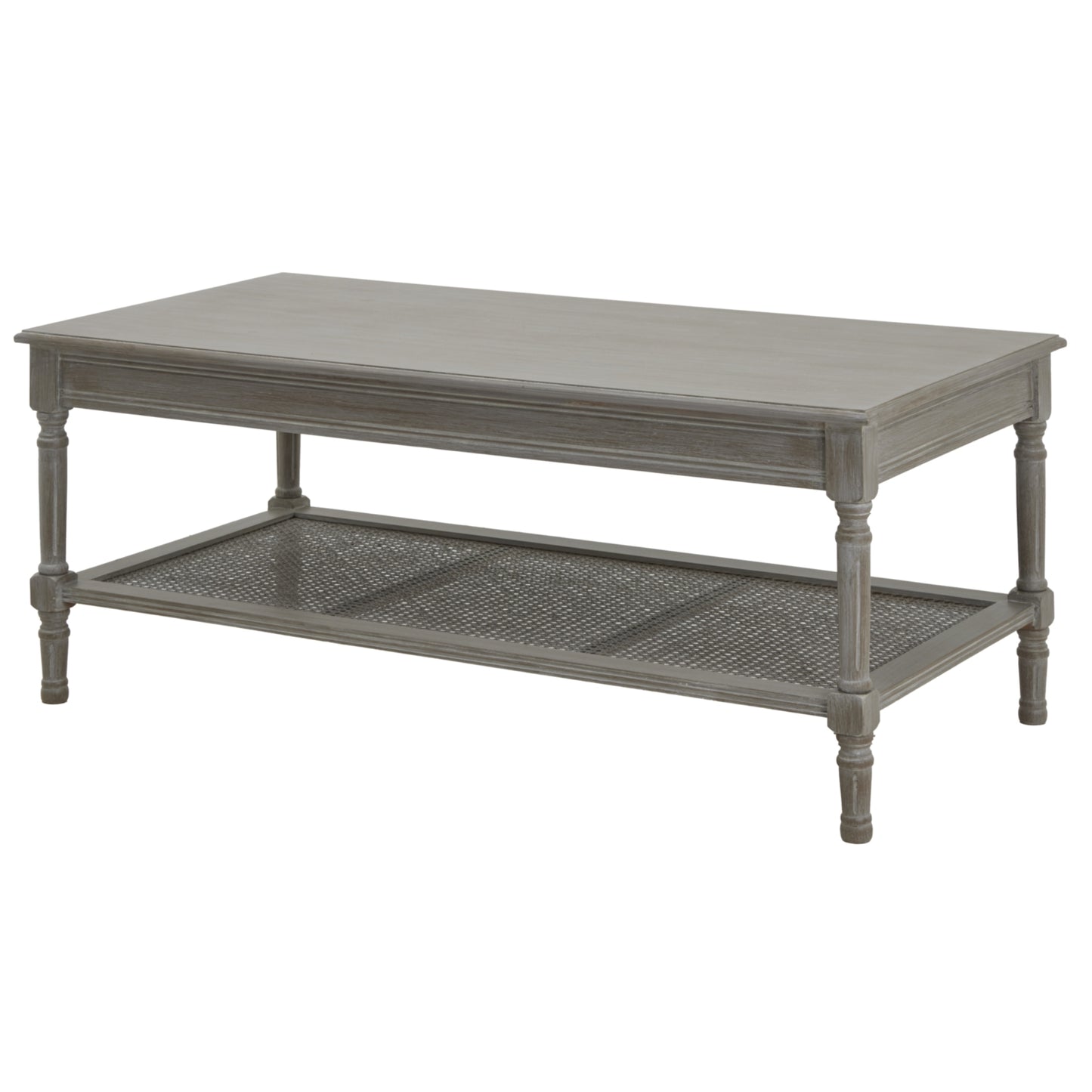 Gray coffee table with a textured surface and lower shelf on a white background