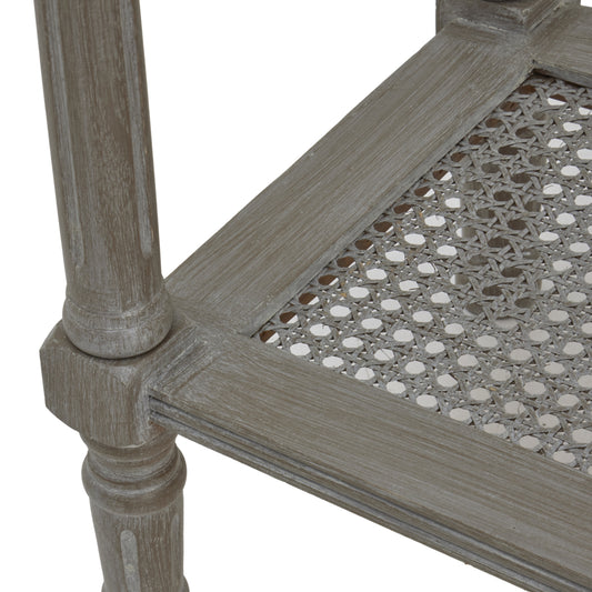 Close-up of a wooden side table with a lattice design on a white background