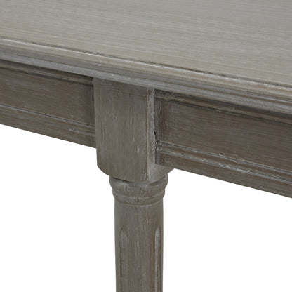 Close-up of a wooden table with a grayish-brown finish on a white background