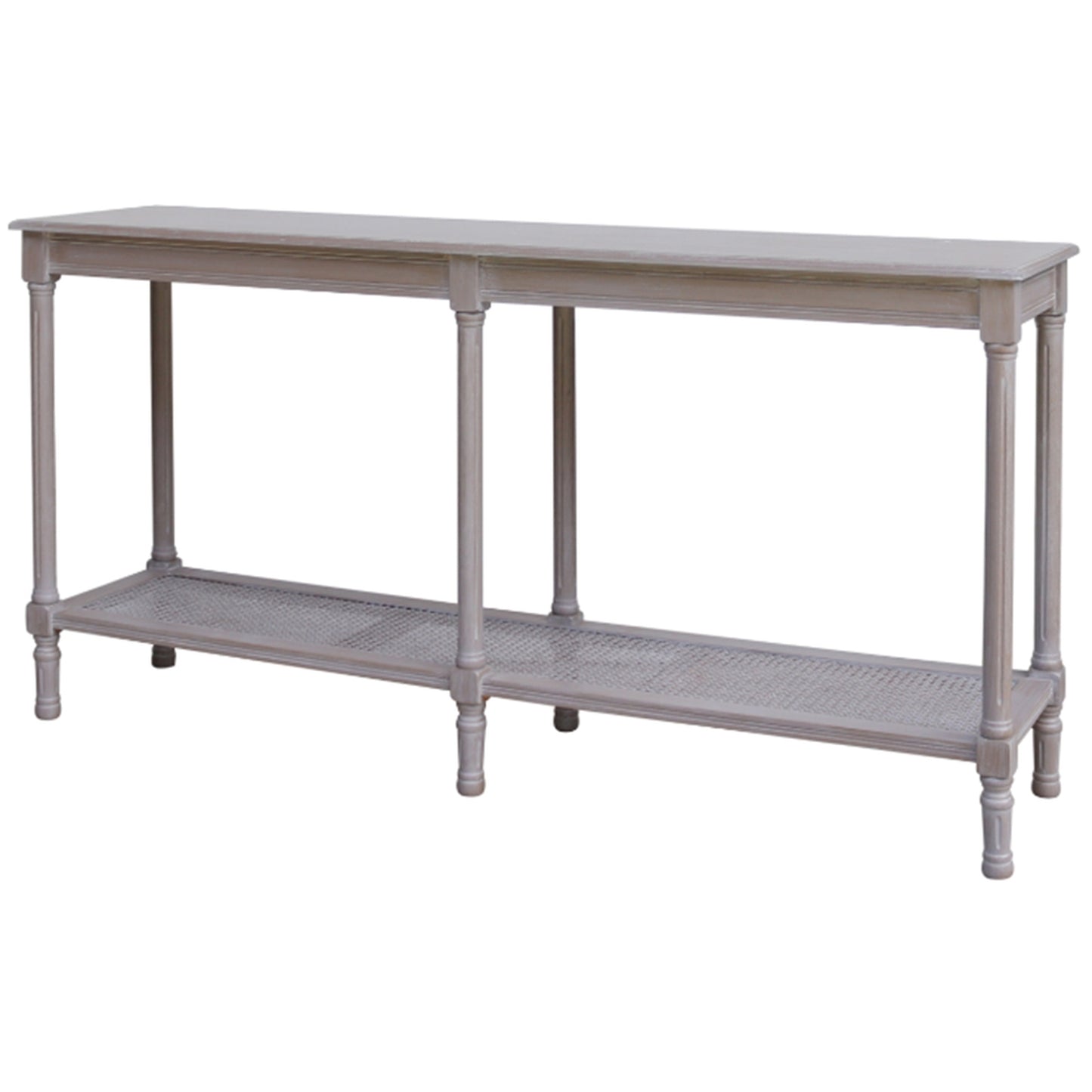 Light gray console table with a shelf on a white background