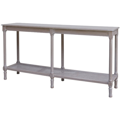 Light gray console table with a shelf on a white background