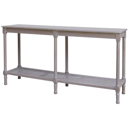 Light gray console table with a shelf on a white background