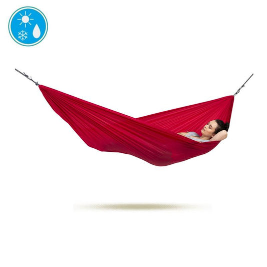 Red hammock with a person lying inside on a white background, featuring a water droplet and sun icon.