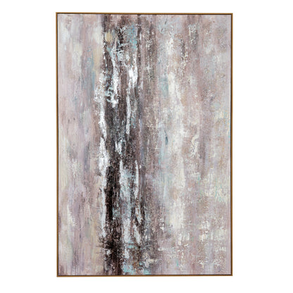 Abstract painting with horizontal brushstrokes in brown, beige, and white on a white background