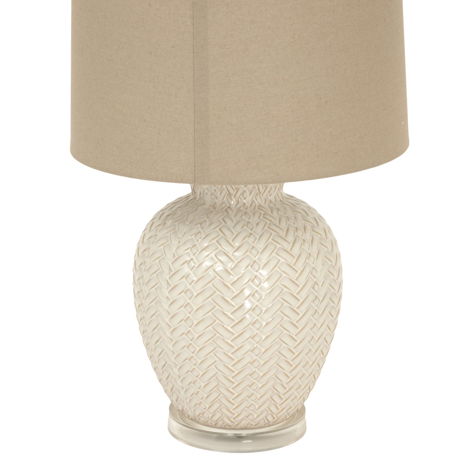 Decorative lamp with woven design on a white background