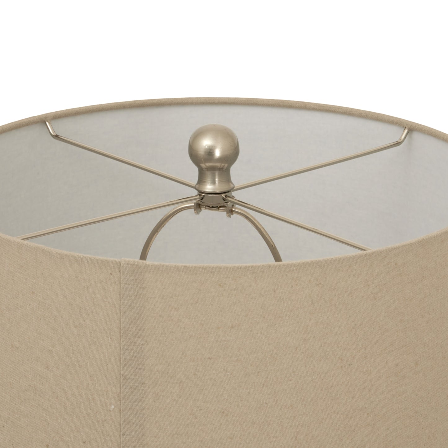 Close-up of a lamp with a beige shade and metallic fixture on a white background