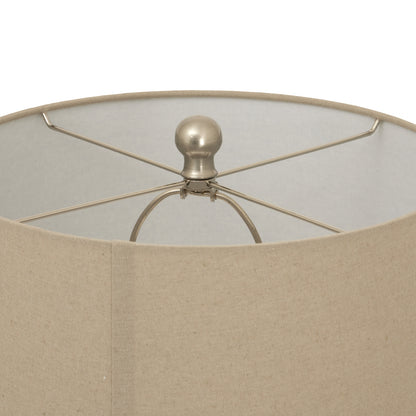 Close-up of a lamp with a beige shade and metallic fixture on a white background