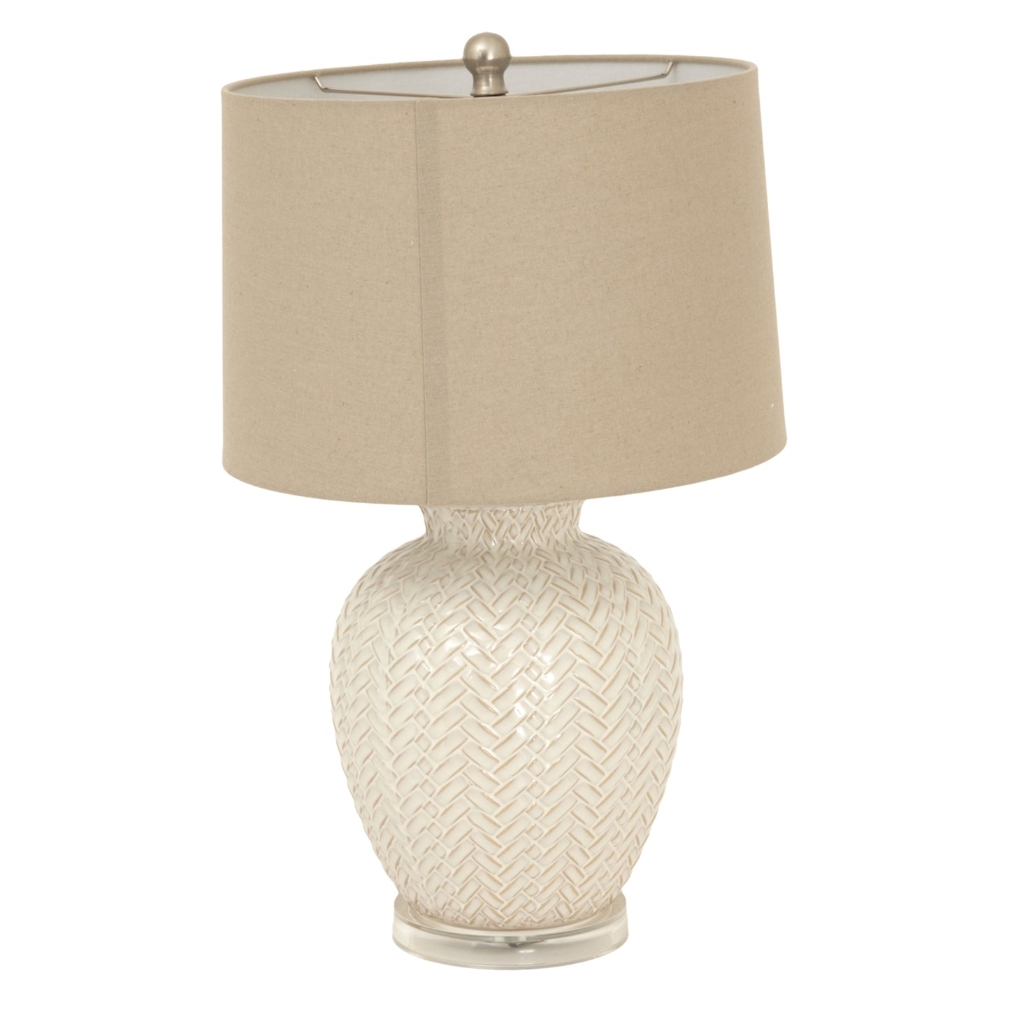 Table lamp with woven design base and beige shade on a white background