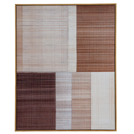 Rug with a geometric pattern of brown, beige, and white squares on a plain background