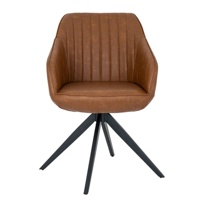 Brown leather chair with black metal legs on a white background