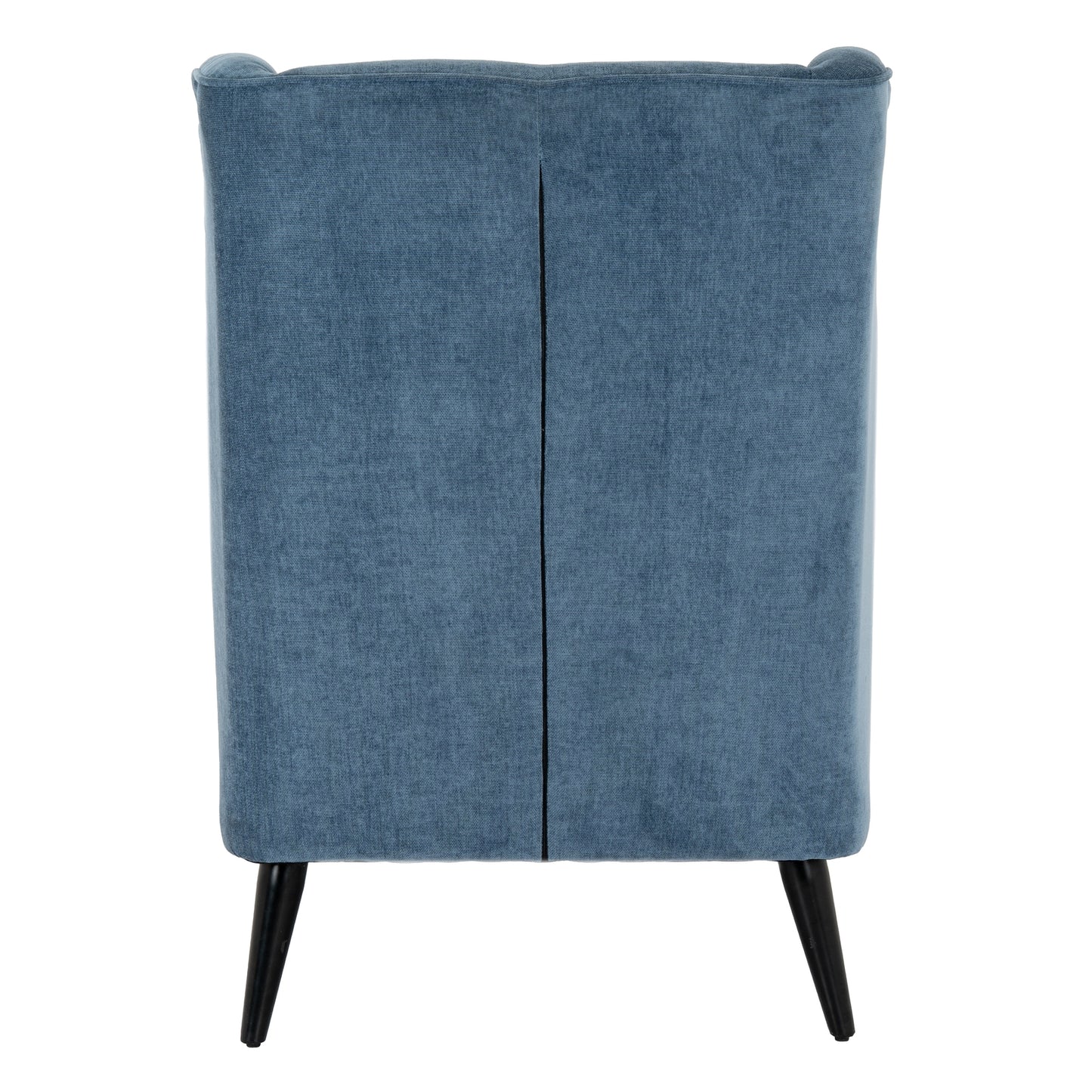 Blue upholstered chair with black legs on a white background
