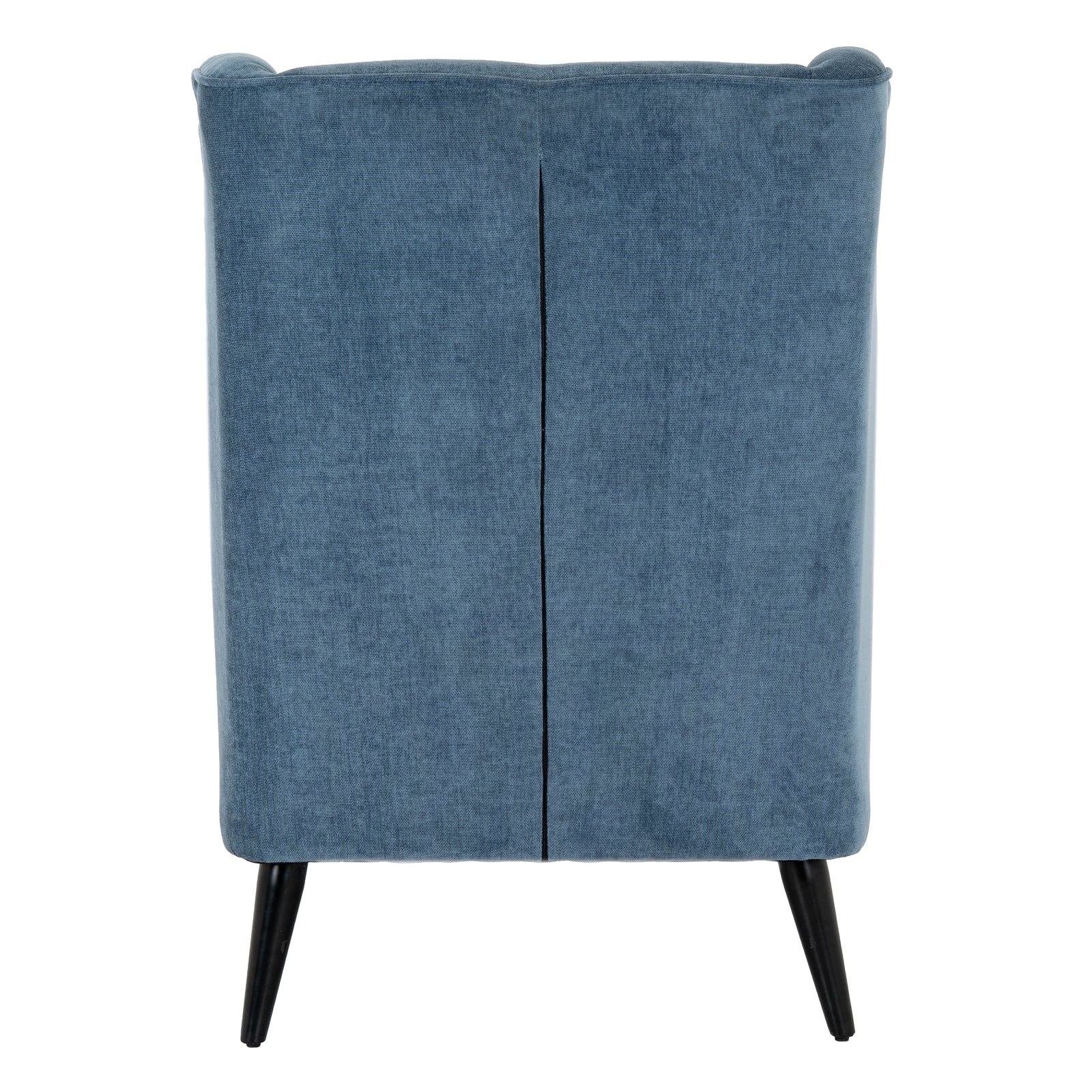 Blue upholstered chair with black legs on a white background