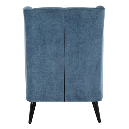 Blue upholstered chair with black legs on a white background