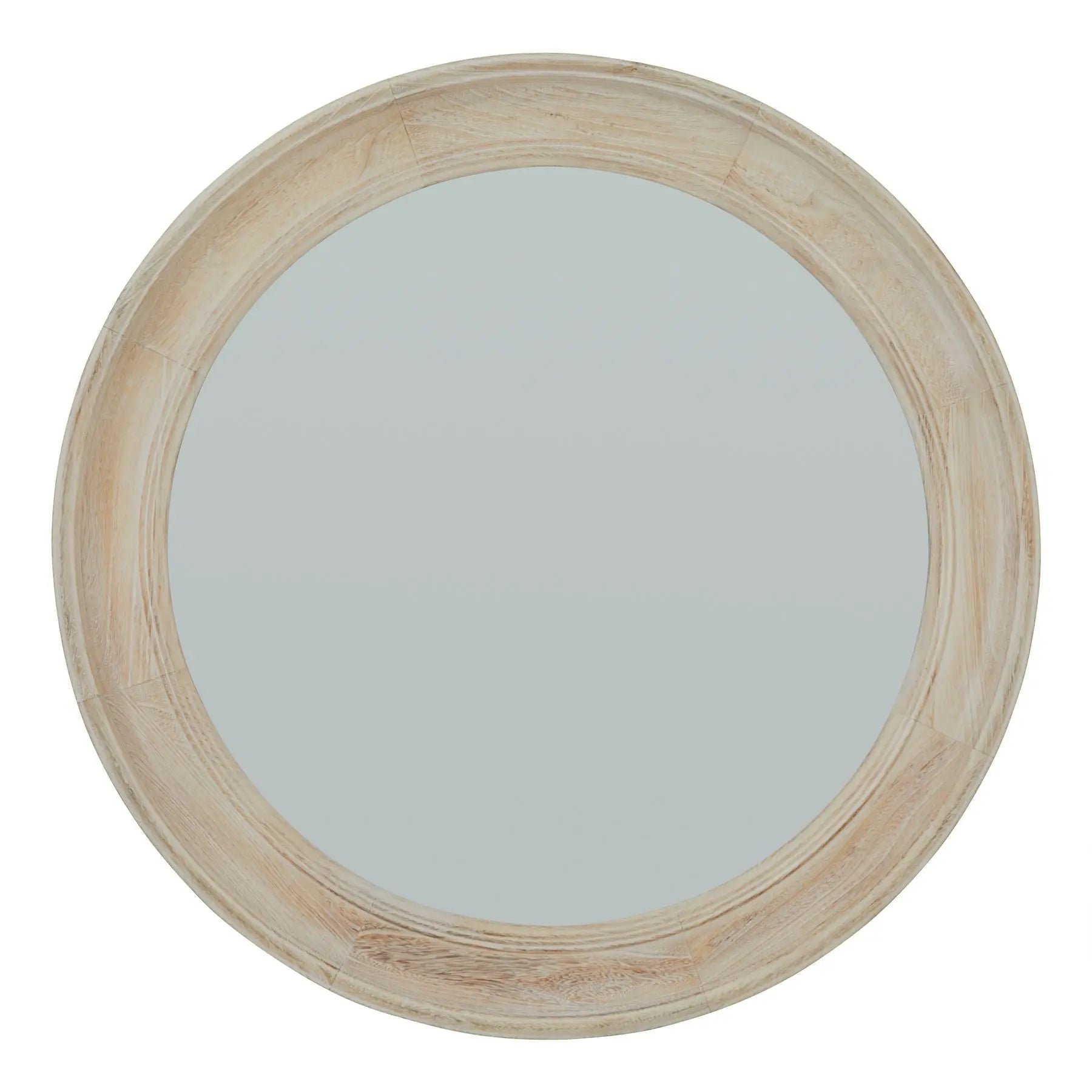 Round mirror with a light wood frame on a white background