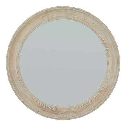 Round mirror with a light wood frame on a white background