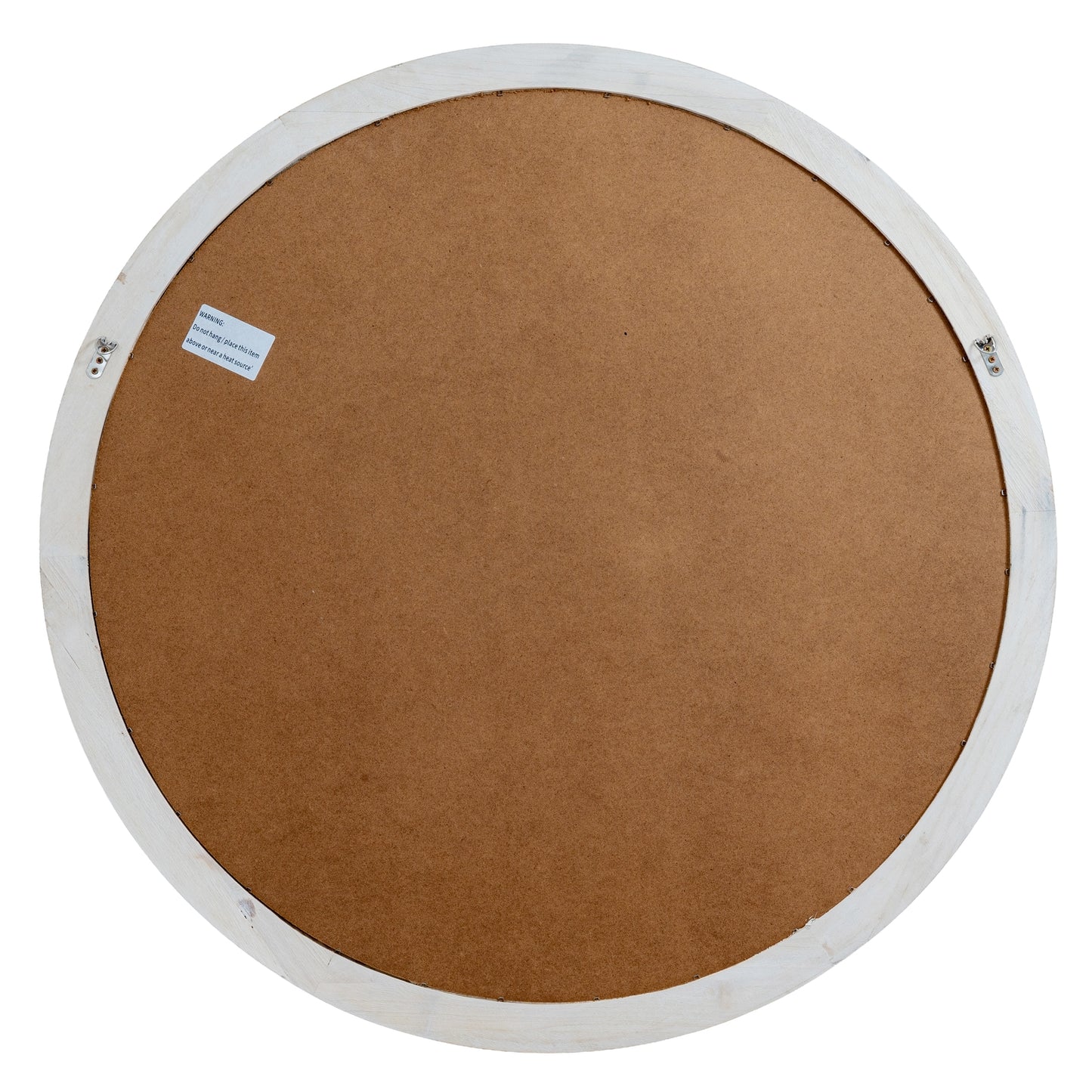 Round brown board with a white frame and a small label on a white background