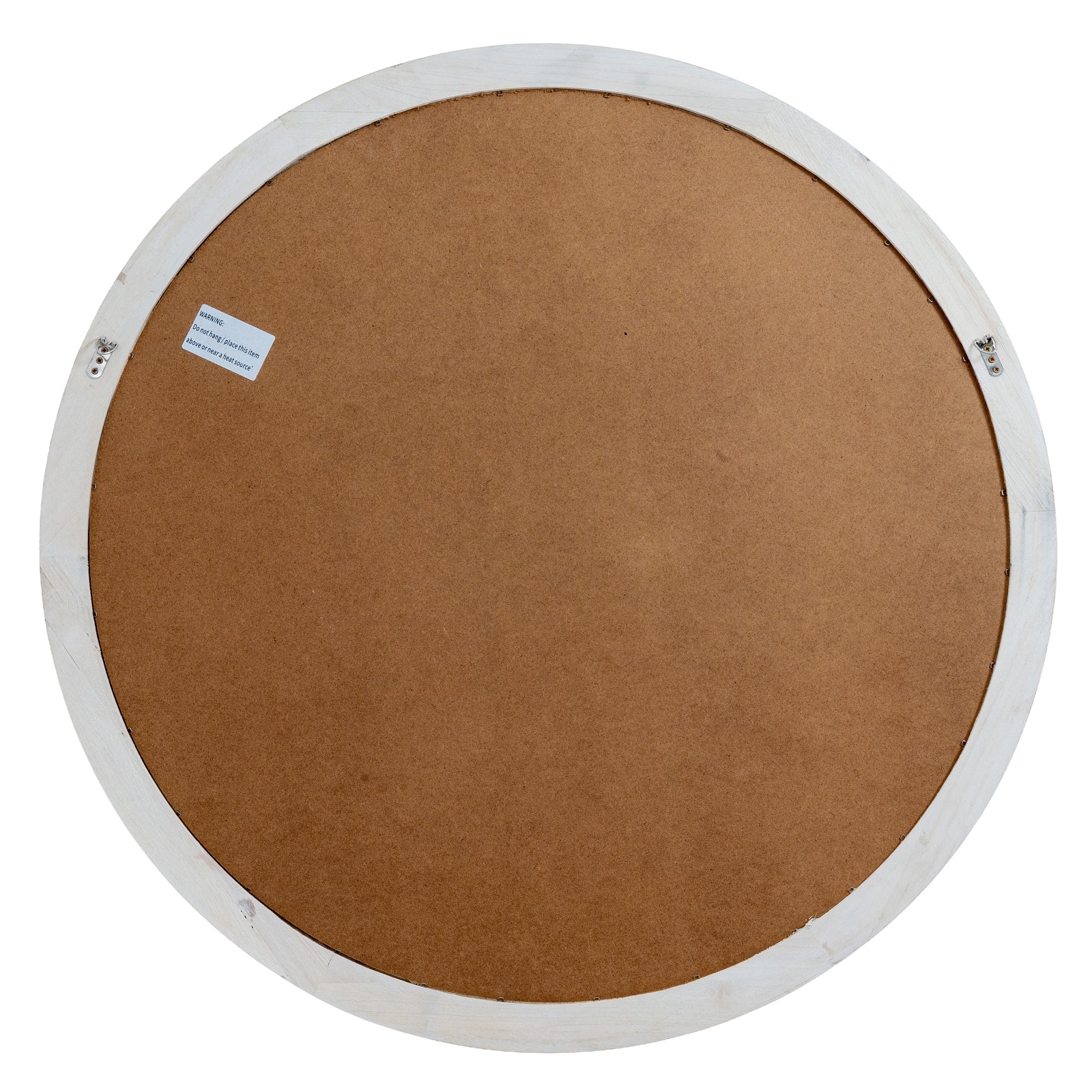 Round brown board with a white frame and a small label on a white background