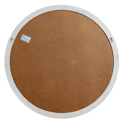 Round brown board with a white frame and a small label on a white background