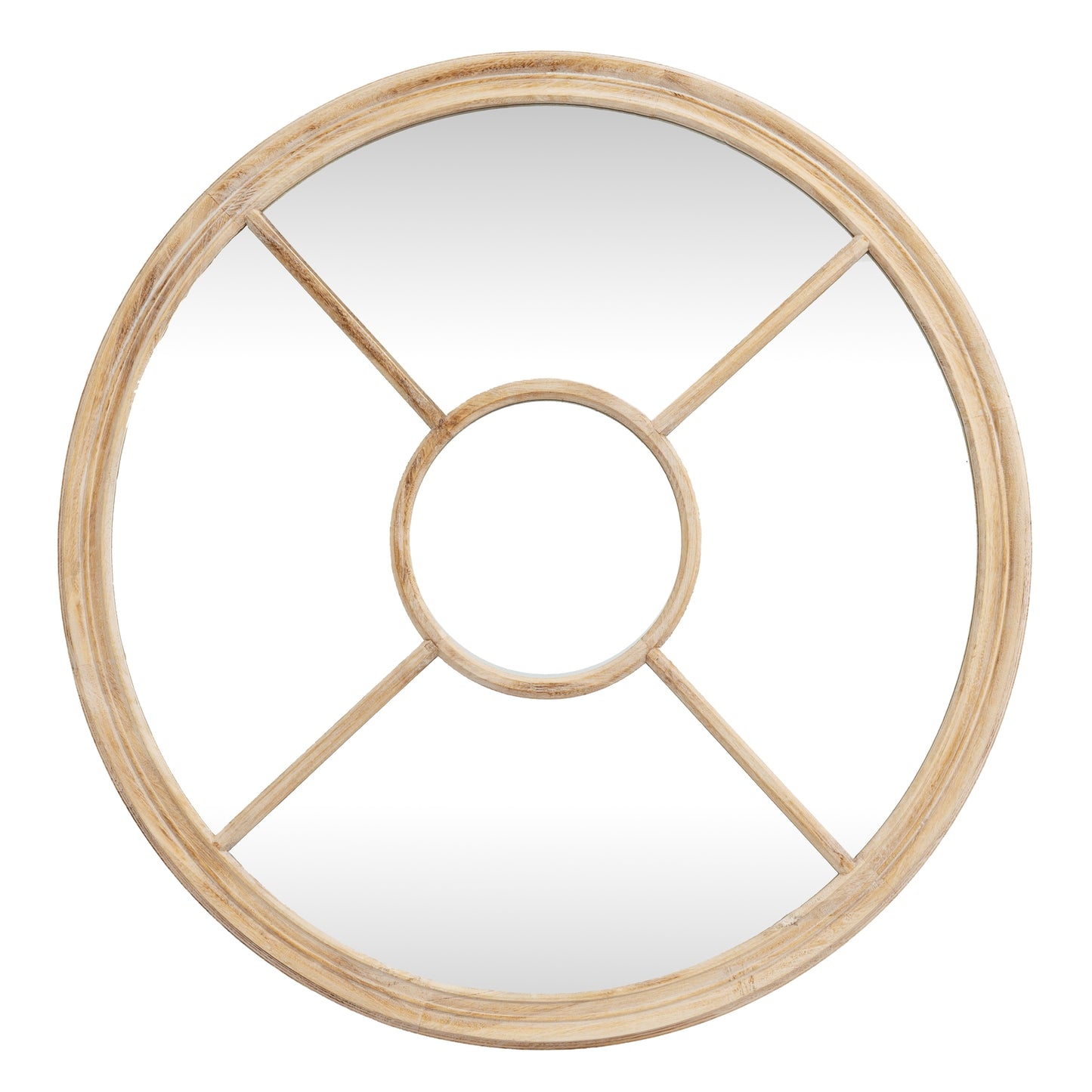 Round mirror with wooden frame on a white background