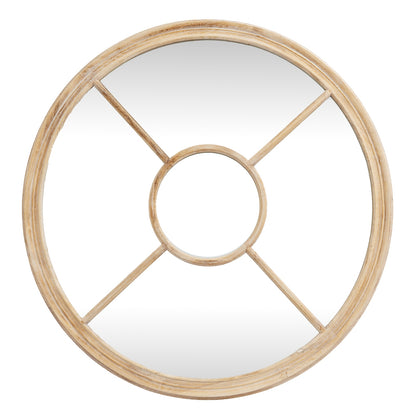 Round mirror with wooden frame on a white background