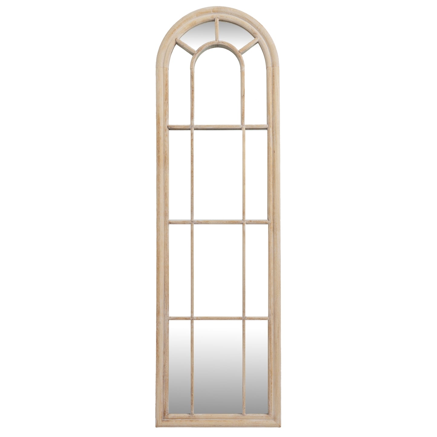 Arched window-style mirror with wooden frame on a white background