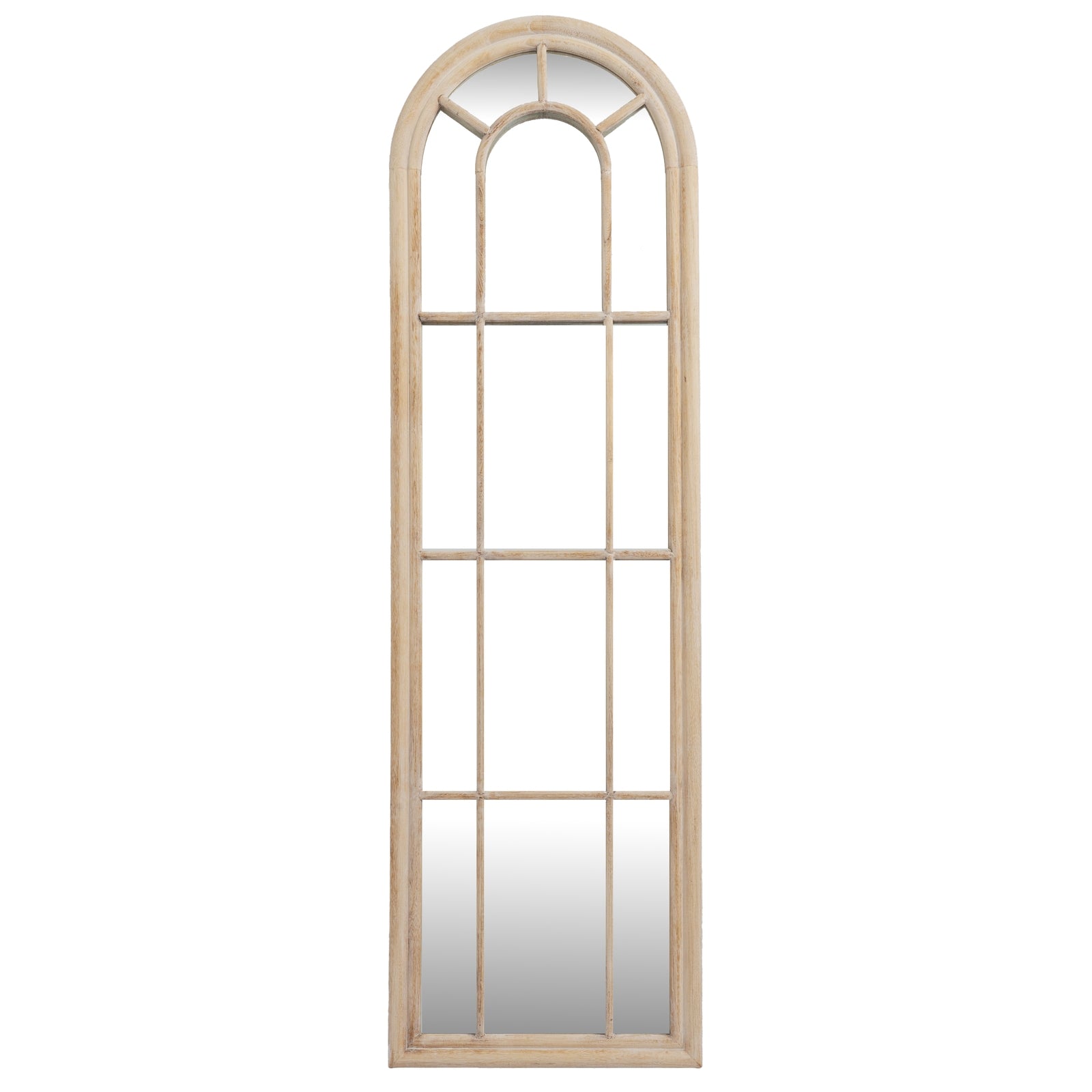 Arched window-style mirror with wooden frame on a white background