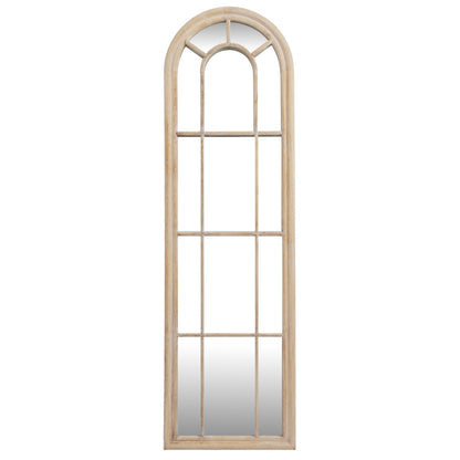 Arched window-style mirror with wooden frame on a white background