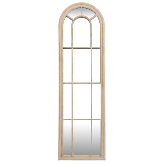 Arched window-style mirror with wooden frame on a white background