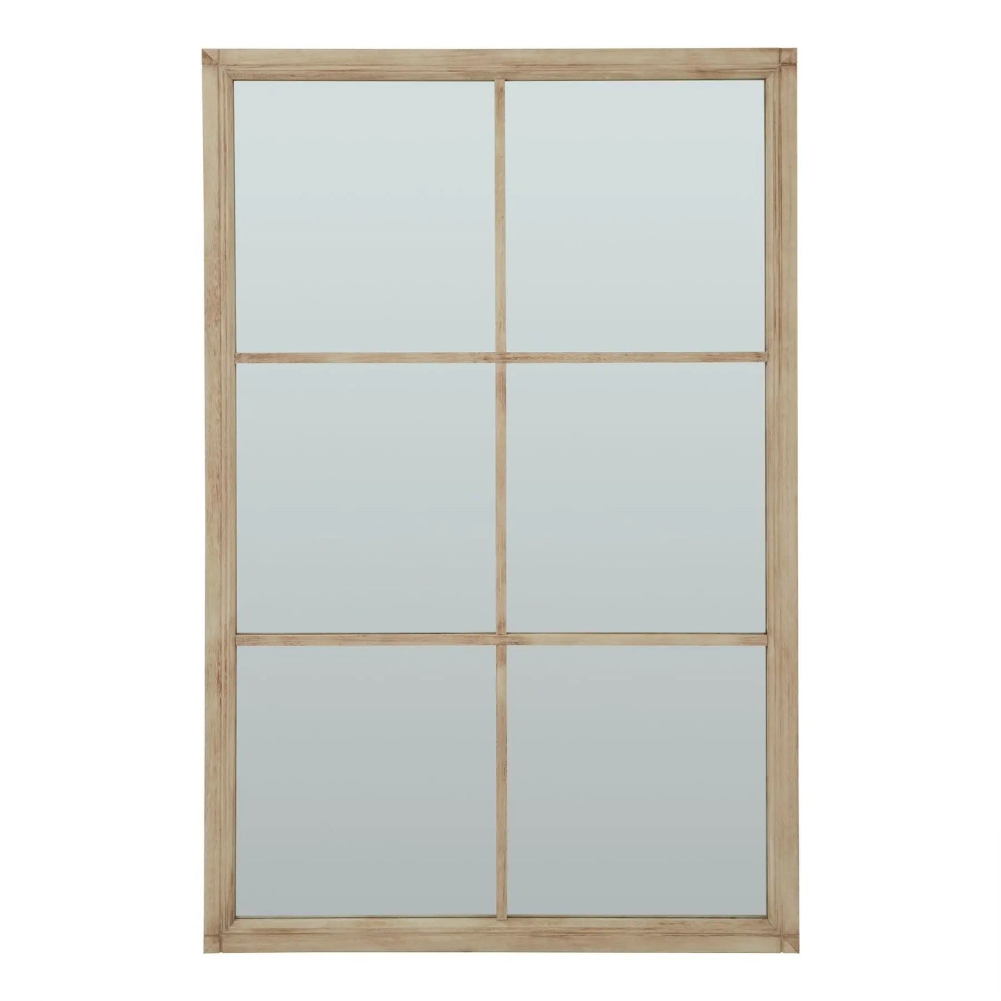 Wooden window frame with glass panes on a white background