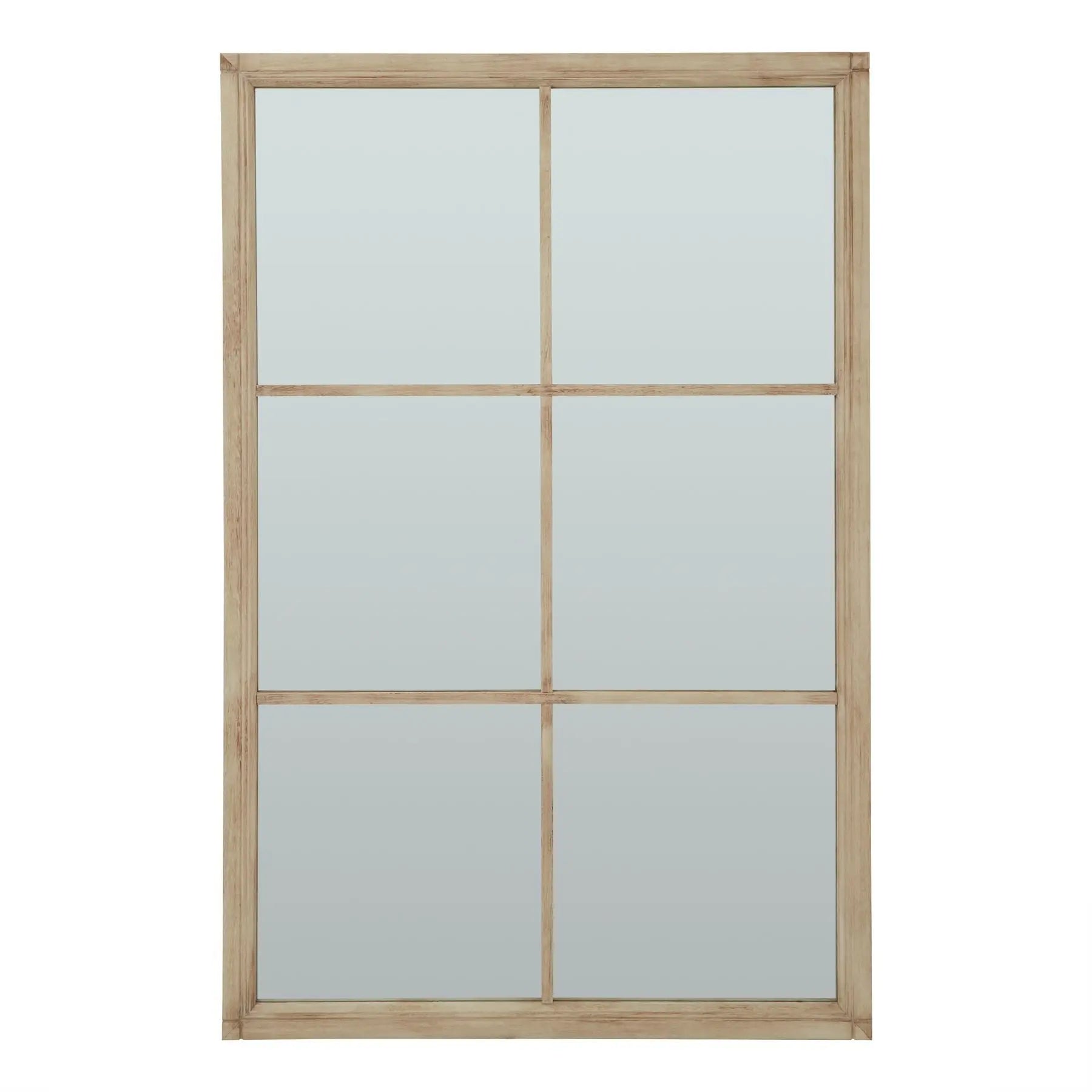 Wooden window frame with glass panes on a white background
