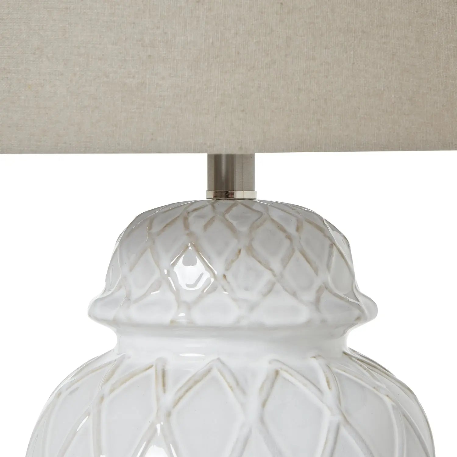 Close-up of a white textured lamp base with a beige lampshade on a white background
