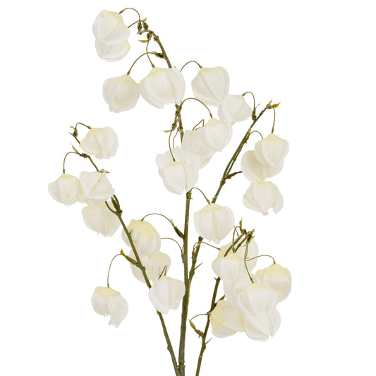 Artificial white flower branch on a white background