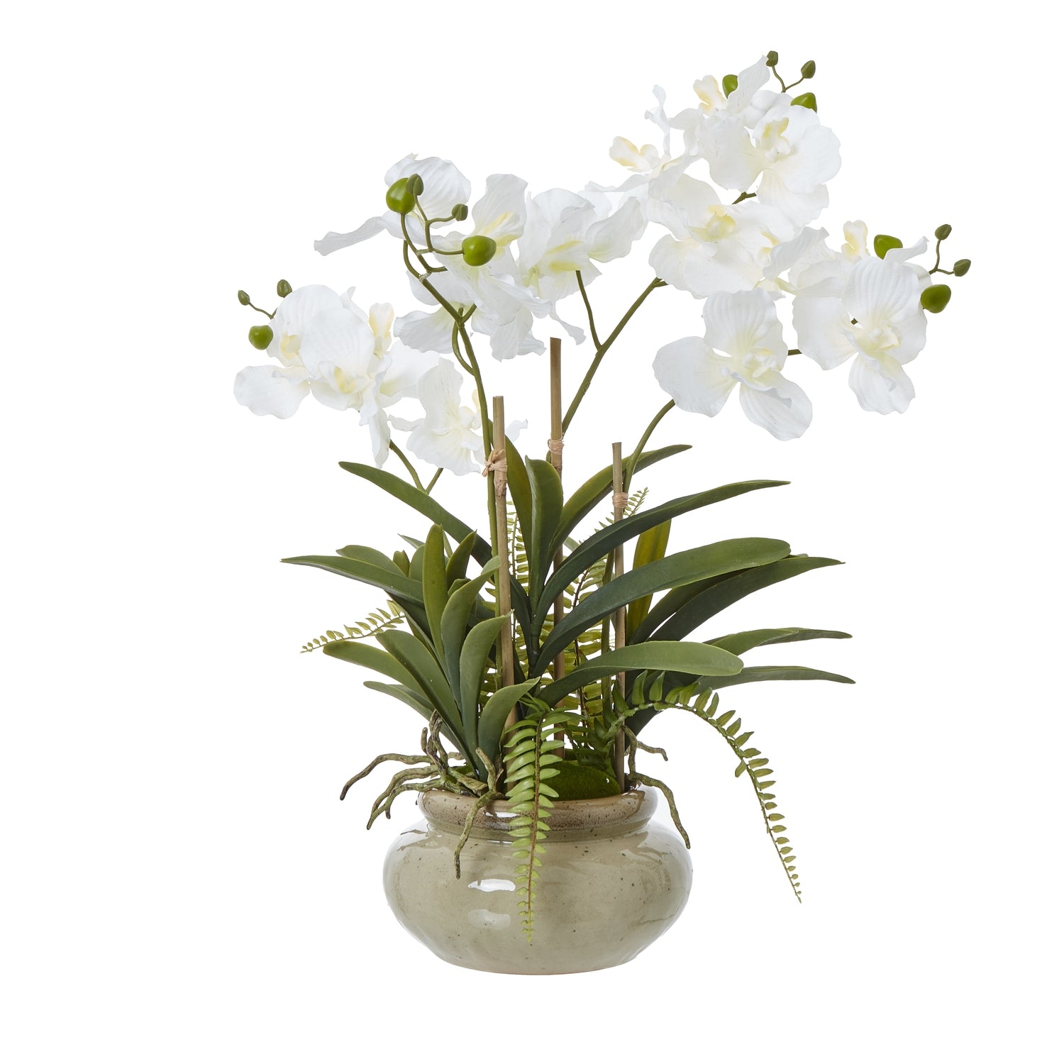 Artificial white orchid plant in a beige pot on a white background
