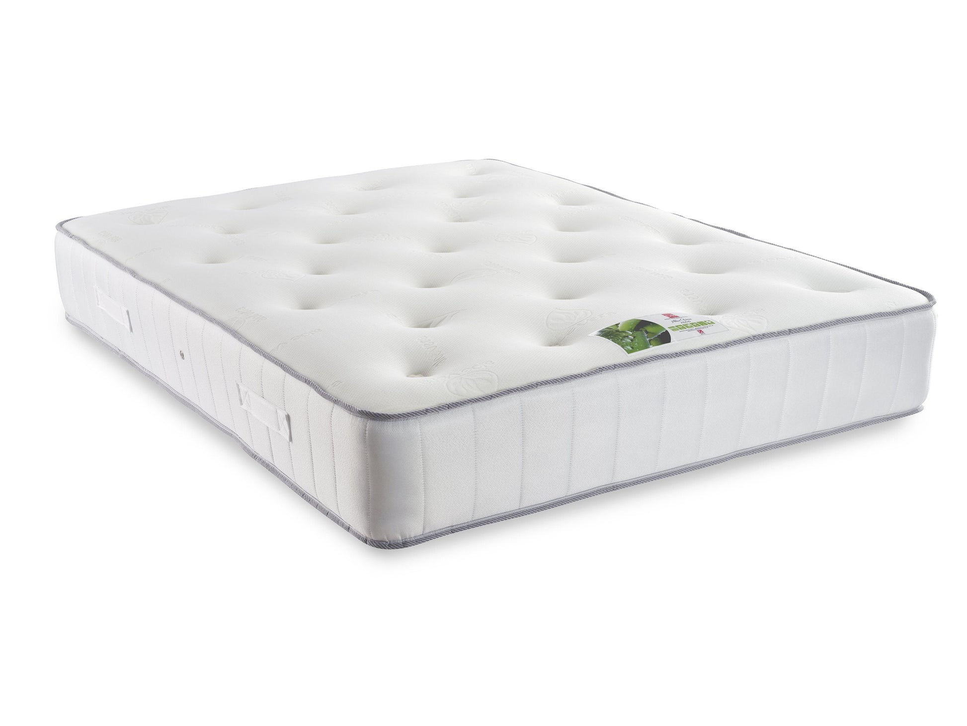 White mattress with a brand logo on a white background