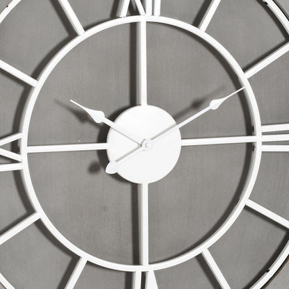 Close-up of a wall clock with a gray background