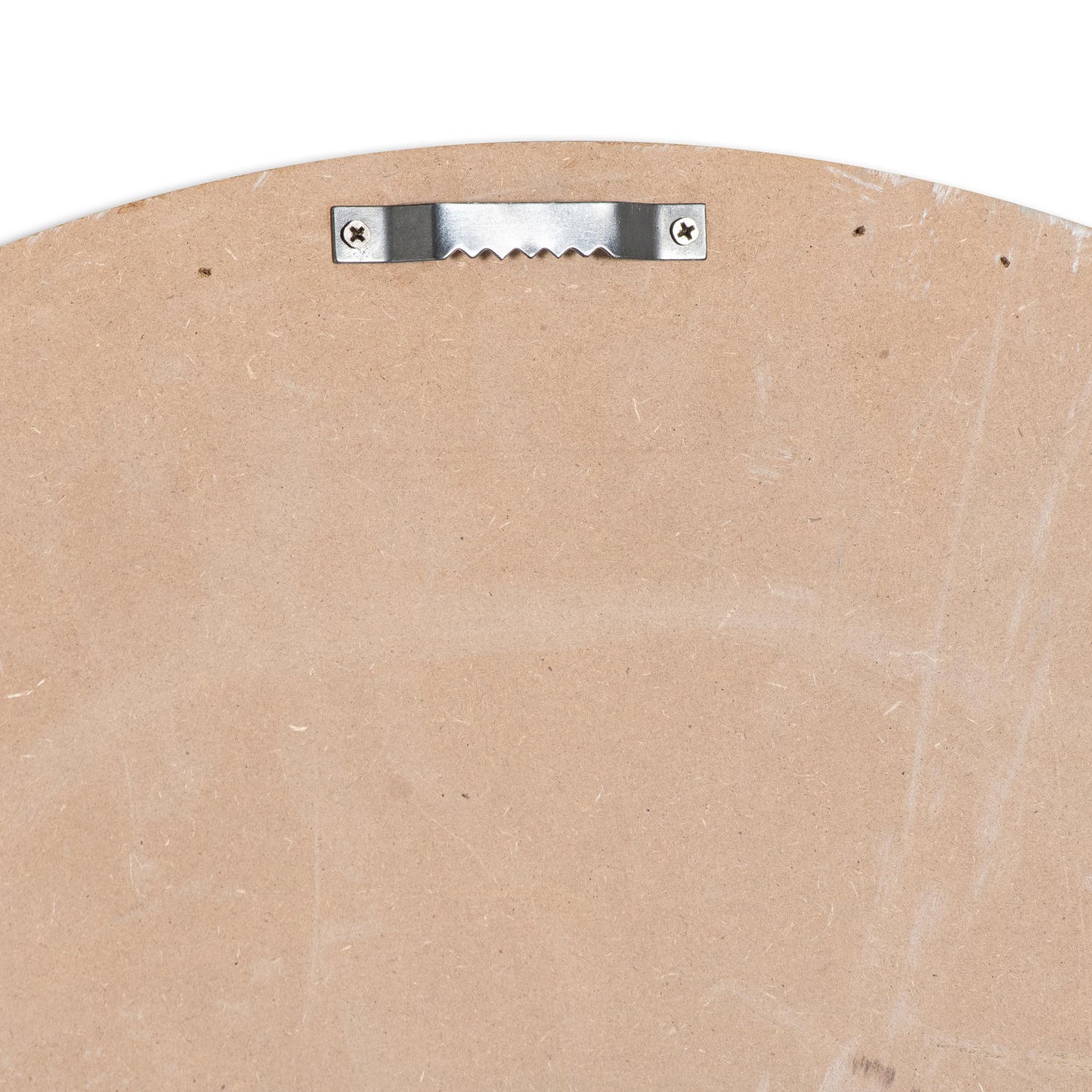 Back of a wooden chair with a metal bracket and screws.