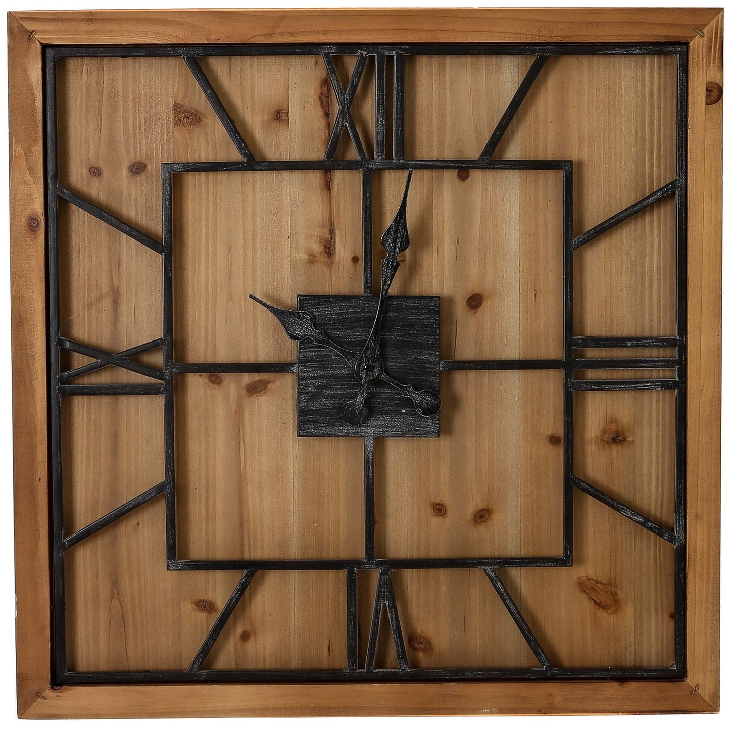 Wooden wall clock with black metal frame and Roman numeral hour markers