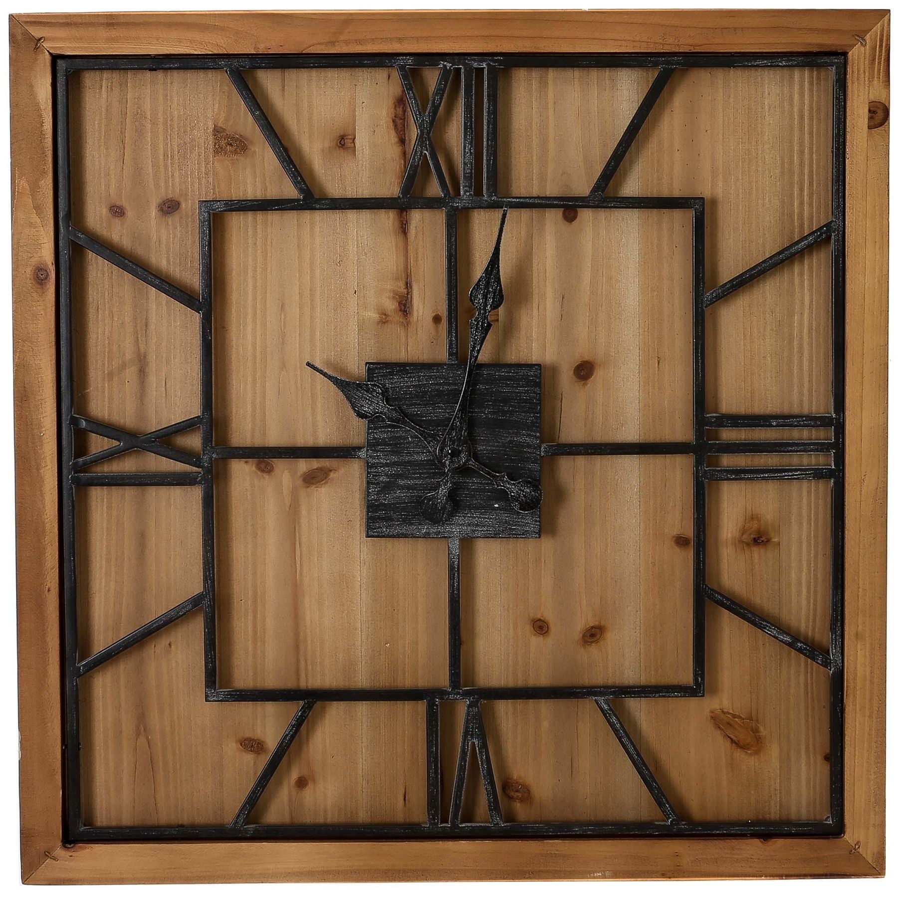 Wooden wall clock with black metal frame and Roman numeral hour markers